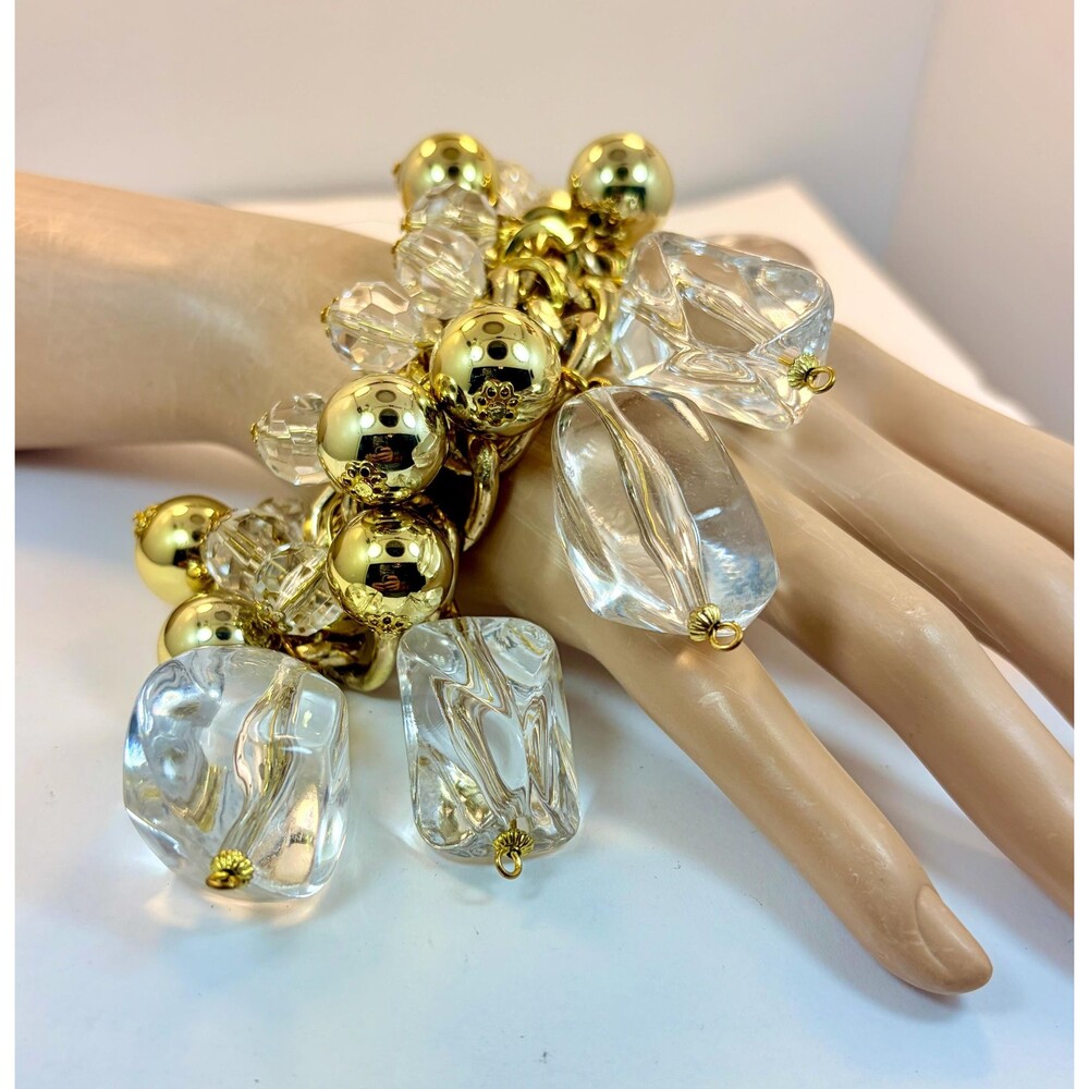 Vintage Bracelet, Lucite, Chunky, Gold Tone, 1980s, Charm, Cha-Cha, Statement